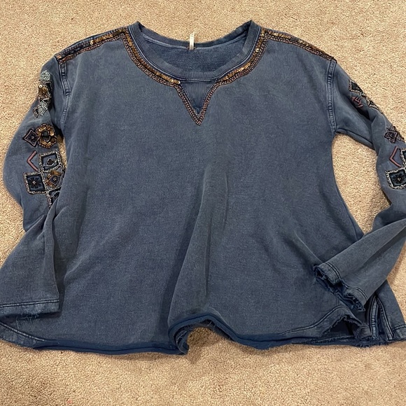 Free People Tops - Free People Embroidered Beaded Navy Sweatshirt sz XS